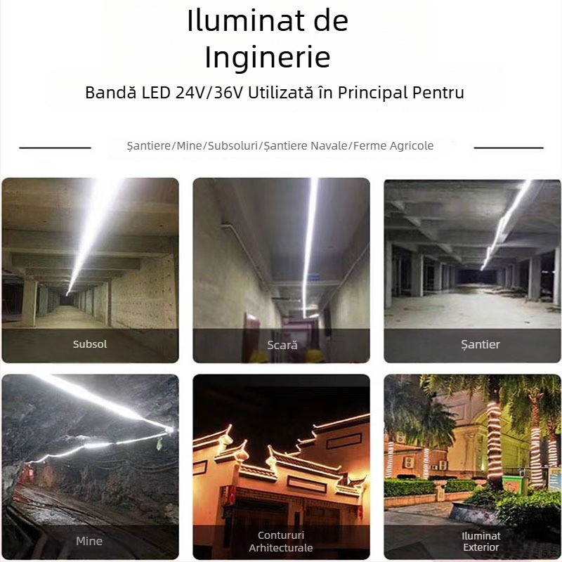 Bandă LED de joasă tensiune 24V/36V, luminozitate înaltă 2835, în două rânduri, impermeabilă pentru exterior, potrivită pentru tuneluri, mine și macarale — iluminare ambientală