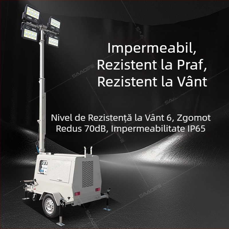 Vehicul mobil de iluminat de 7 m, cu tracțiune, turnuri de iluminat de 9 m, înălțime reglabilă, echipament de iluminat de urgență pentru zone pitorești noaptea