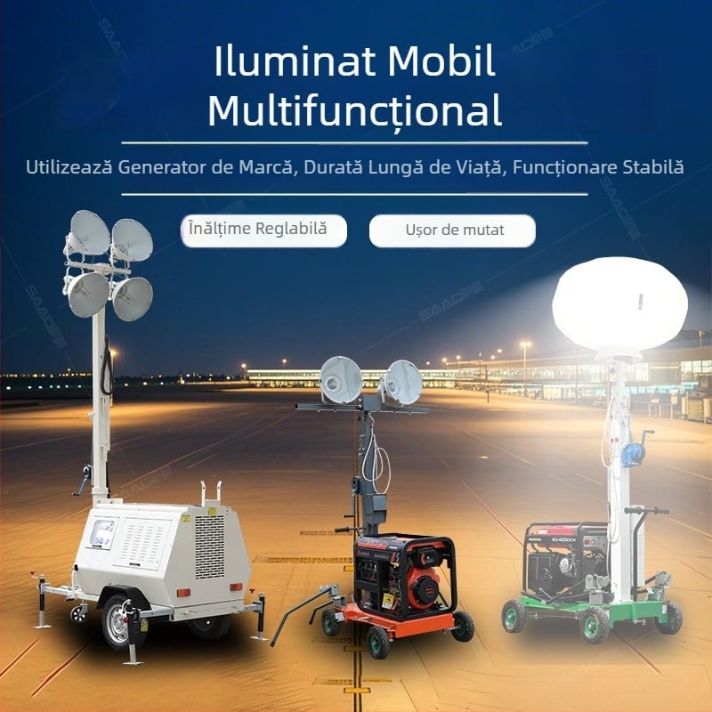 Vehicul mobil de iluminat de 7 m, cu tracțiune, turnuri de iluminat de 9 m, înălțime reglabilă, echipament de iluminat de urgență pentru zone pitorești noaptea