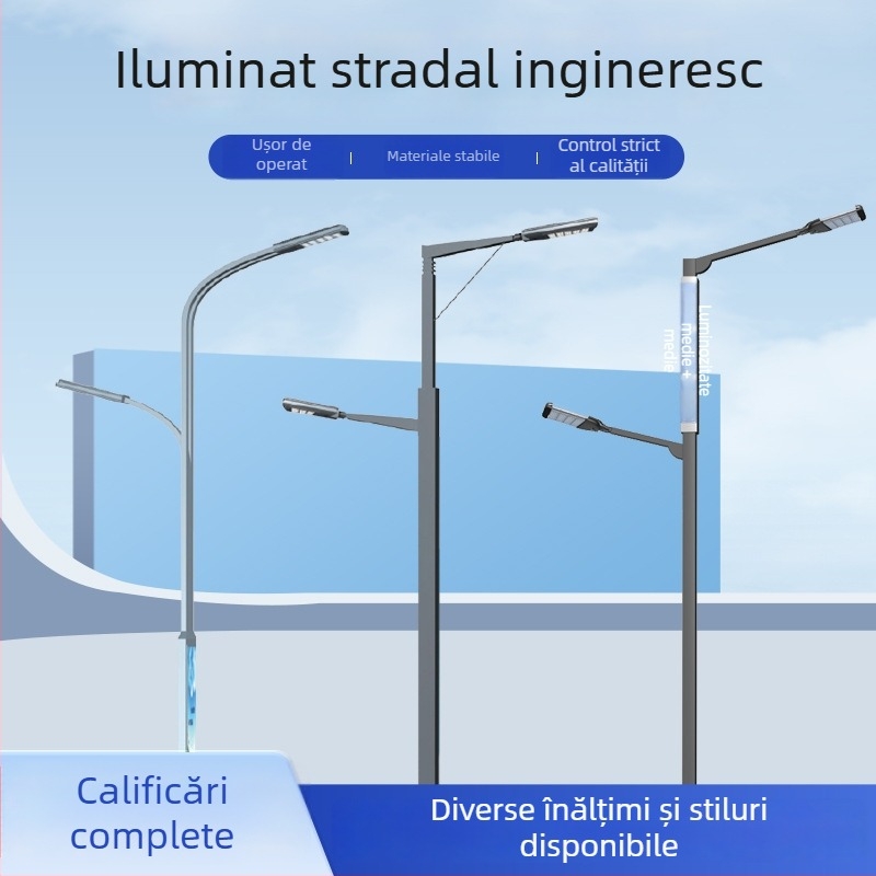 Stâlp de iluminat stradal cu braț cantilever, LED, construcție metalică, înălțimi 5/6/8 m, alimentare solară, 220V