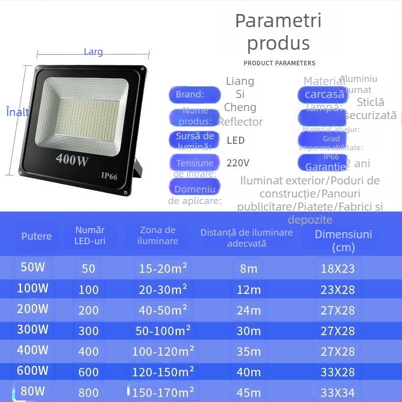LED reflectator exterior, IP65 impermeabil, iluminat pentru grădină și fațade, 220V, 10–200W, 160 LED 2835, fascicul 180°, carcasă din aluminiu, 3000K/4000K/6500K, model LBT-FL001