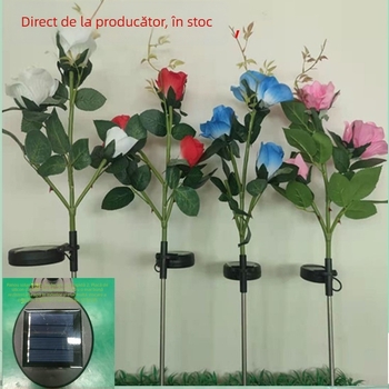 Lampă LED solară în formă de roză, cu 5 brațe, pentru exterior, lampă decorativă de grădină, rezistentă la apă, cu tijă înfiptă în pământ