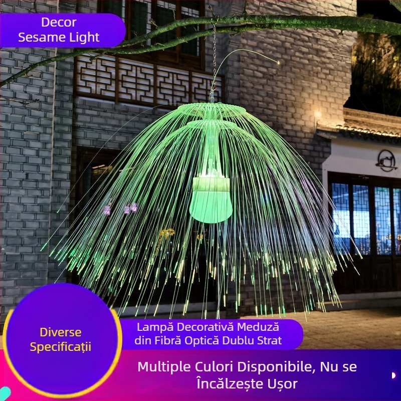 Lampă-meduză cu fibre optice, dublă, cu lumini colorate ce clipesc și efect cer stelat, pentru iluminat exterior de peisaj în piețe și parcuri