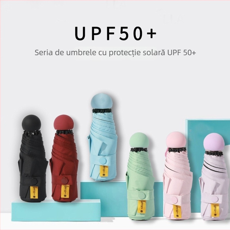 Umbrelă cu cinci segmente, cu protecție UV neagră, pentru soare și ploaie, design capsulă compact, pentru studente
