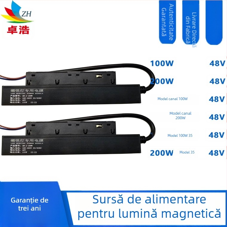 Driver LED cu tensiune constantă pentru iluminat pe șină, montaj magnetic, 100W, 48V încorporat