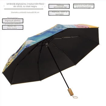 Umbrelă digitală cu imprimare completă, pliabilă, personalizabilă cu designul dvs., transfer termic pe vinil, ramă din oțel și mâner din lemn.