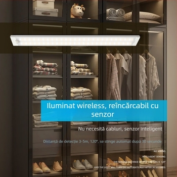 Lumină LED ultra-subțire pentru dulap, cu senzor de mișcare, bandă magnetică și baterie încorporată