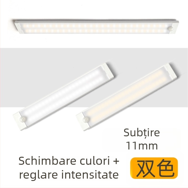 Lumină LED ultra-subțire pentru dulap, cu senzor de mișcare, bandă magnetică și baterie încorporată