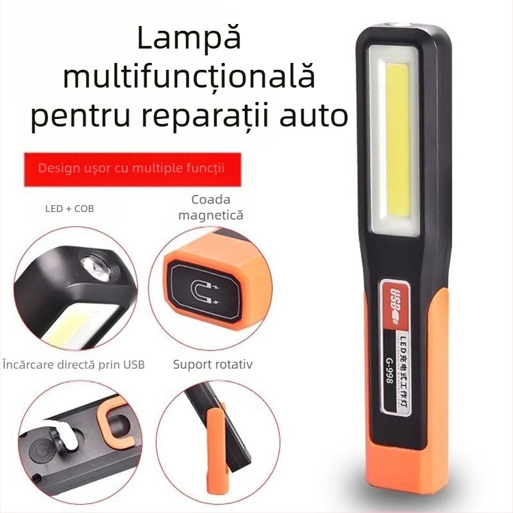 Lampă de lucru LED magnetică cu COB, lanternă de reparații reîncărcabilă cu cârlig