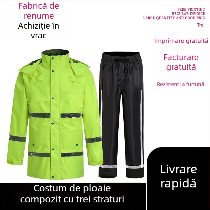 Set impermeabil pentru exterior cu benzi reflectorizante, material din trei straturi, lungime medie, rezistent la vânt și ploi torențiale