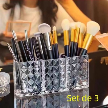 Organizator transparent din acrilic pentru pensule de machiaj, trei compartimente, capacitate mare, model diamant
