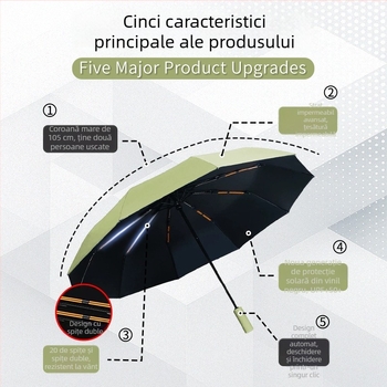 Umbrelă pentru soare și ploaie cu acoperire UV neagră, complet automată, pliabilă în trei, logo personalizat, unisex