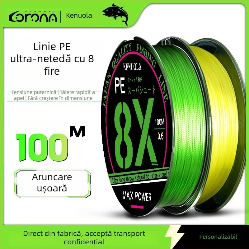 Corona linie de pescuit PE cu 8 fire pentru aruncări la distanță, linie principală ultra-netedă, cu înaltă rezistență la tracțiune și uzură
