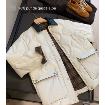 Geacă de iarnă pentru femei, puf de gâscă alb, rever din piele naturală cu blană de miel, stil hambar, B1210E