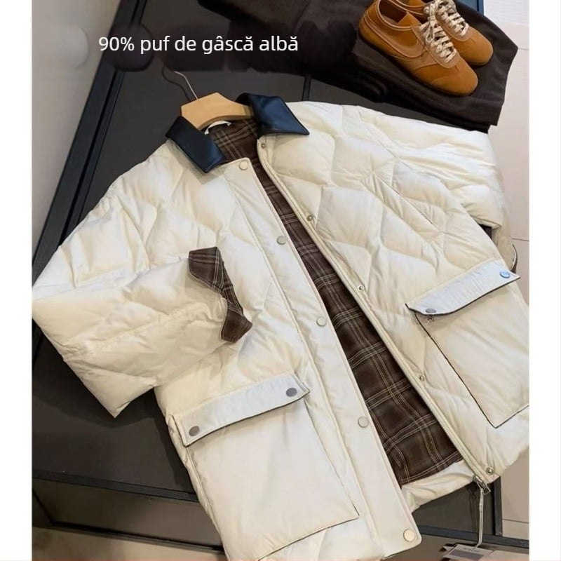 Geacă de iarnă pentru femei, puf de gâscă alb, rever din piele naturală cu blană de miel, stil hambar, B1210E