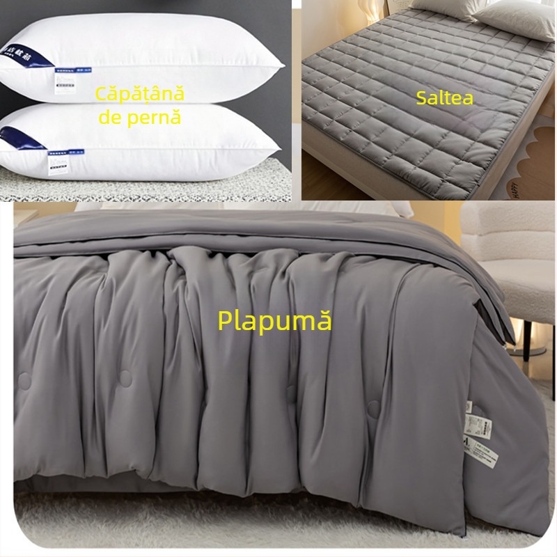 Set de lenjerie de pat pentru cămin: saltea, pernă și două pături sezoniere (vară și primăvară–toamnă) pentru cameră cu pat single.