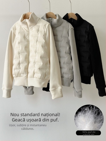 Geacă scurtă de damă cu puf de rață alb, panouri din fleece polar, guler înalt, fermoar