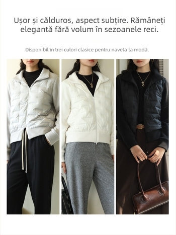 Geacă scurtă de damă cu puf de rață alb, panouri din fleece polar, guler înalt, fermoar