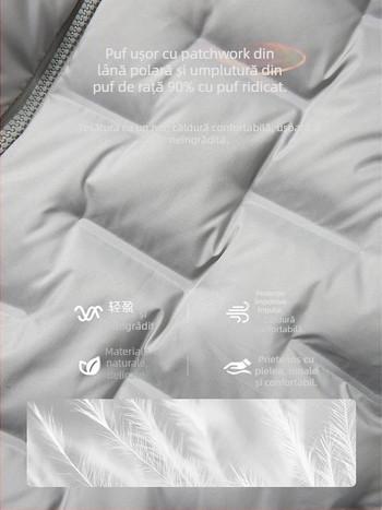 Geacă scurtă de damă cu puf de rață alb, panouri din fleece polar, guler înalt, fermoar