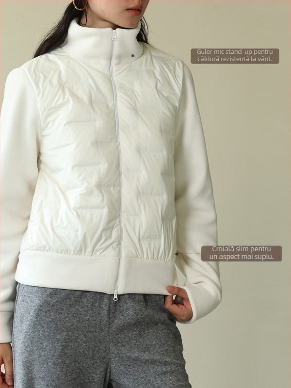 Geacă scurtă de damă cu puf de rață alb, panouri din fleece polar, guler înalt, fermoar