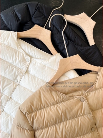 Geacă de damă din puf de gâscă alb 95%, lungime scurtă, căptușeală subțire, exterior reversibil, strat interior cald, stil casual de iarnă