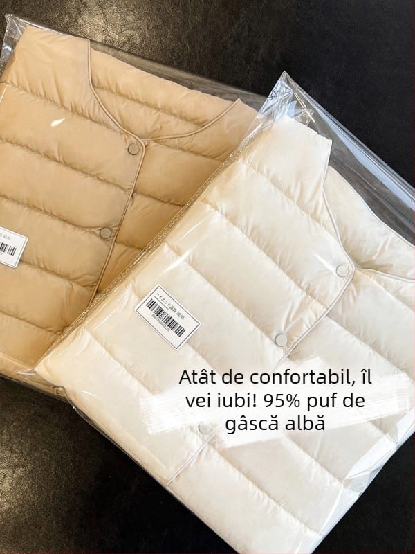 Geacă de damă din puf de gâscă alb 95%, lungime scurtă, căptușeală subțire, exterior reversibil, strat interior cald, stil casual de iarnă