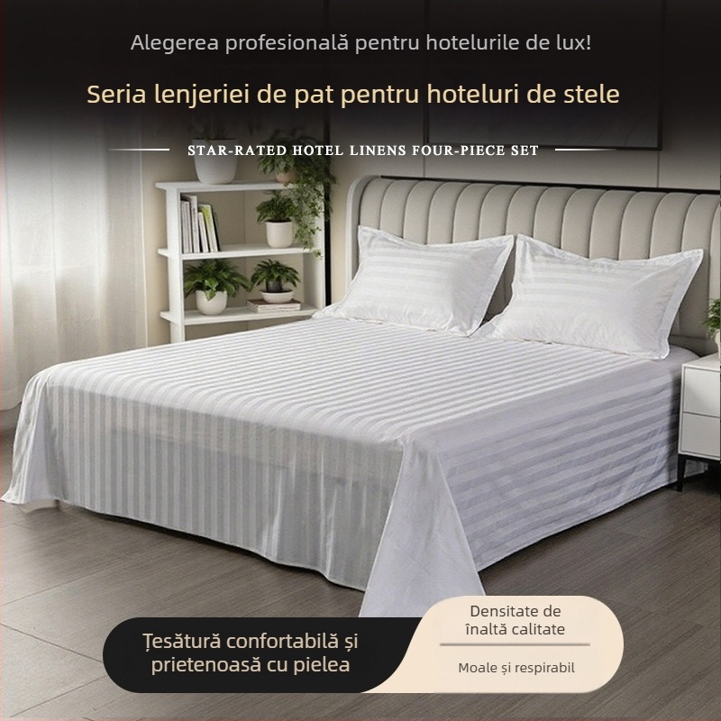 Cearșafuri de pat albe din bumbac 100% pentru hoteluri și pensiuni, cu dungi de satin de 3 cm, țesătură densă și groasă, într-o culoare solidă