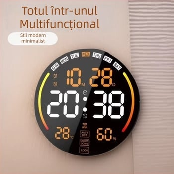 Nothing 8802 Ceas de perete LED cu ecran mare – cadran rotund pentru living, termometru, calendar, alarmă și iluminare ambientală