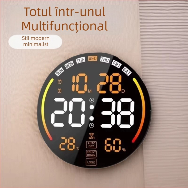 Nothing 8802 Ceas de perete LED cu ecran mare – cadran rotund pentru living, termometru, calendar, alarmă și iluminare ambientală