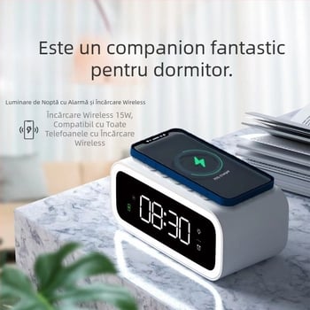 Ceas electronic pliabil, șase în unu, cu încărcare wireless și lampă de noapte pentru noptieră