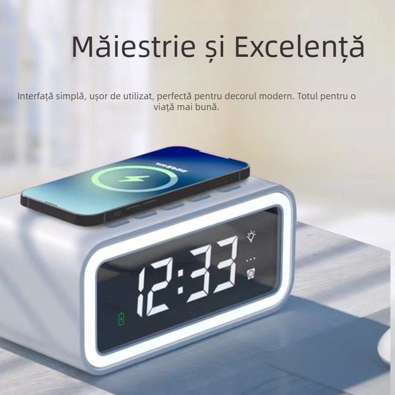 Ceas electronic pliabil, șase în unu, cu încărcare wireless și lampă de noapte pentru noptieră
