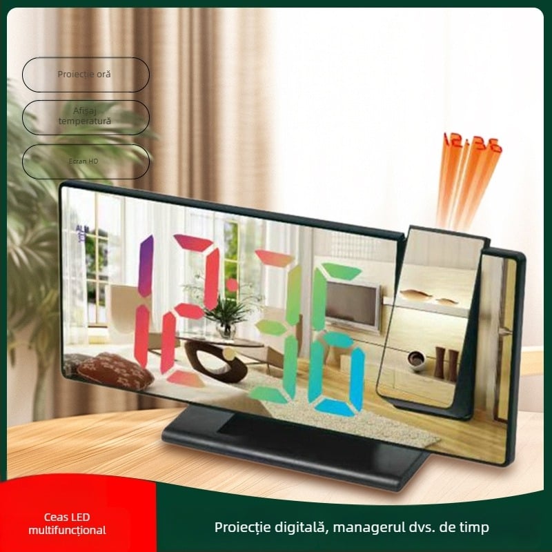 Ceas digital de proiecție cu suprafață oglindită, ecran LED mare, carcasă din plastic