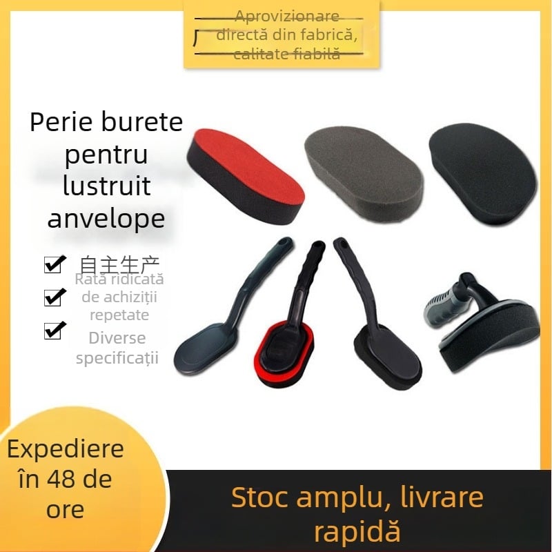 Pensulă pentru aplicarea cerii pe anvelopele mașinii, cu burete, mâner înlocuibil și burete autoadeziv pentru aplicare și curățare