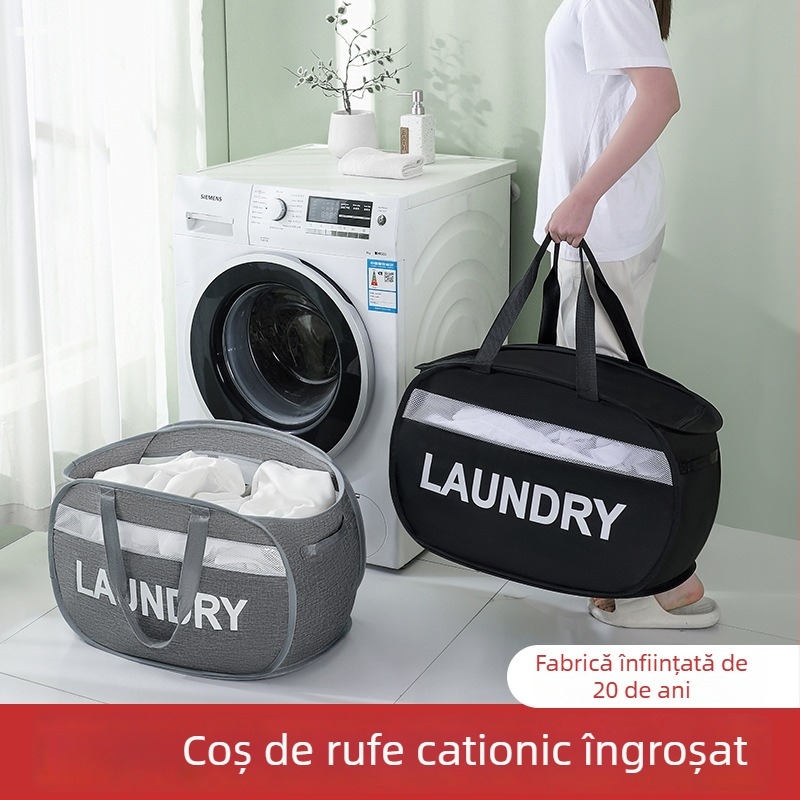 Coș de rufe din pânză Oxford, finisaj cat-ionic, design orizontal, capac cu fermoar, pentru haine murdare și depozitare pilote