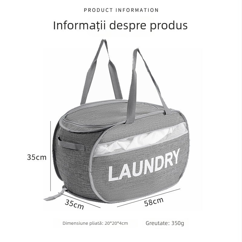 Coș de rufe din pânză Oxford, finisaj cat-ionic, design orizontal, capac cu fermoar, pentru haine murdare și depozitare pilote
