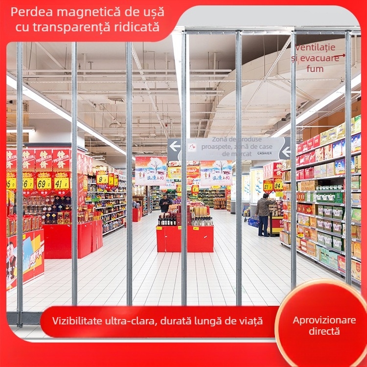 Cortină de ușă transparentă din PVC, magnetică – perdea de separare izolată, rezistentă la vânt, pentru magazine