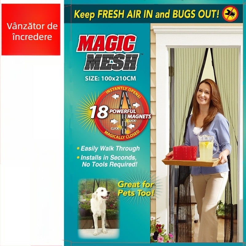 Draperie de ușă din plasă de poliester, respirabilă, anti-țânțari, cu închidere magnetică, rezistentă la zgârieturi de pisici, Velcro