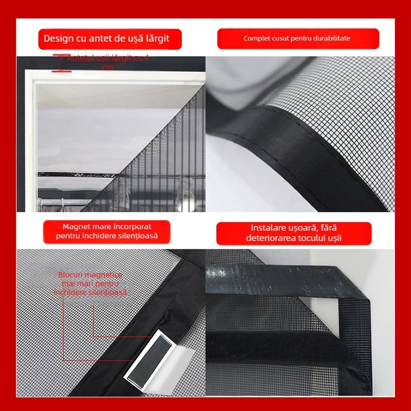 Draperie de ușă din plasă de poliester, respirabilă, anti-țânțari, cu închidere magnetică, rezistentă la zgârieturi de pisici, Velcro