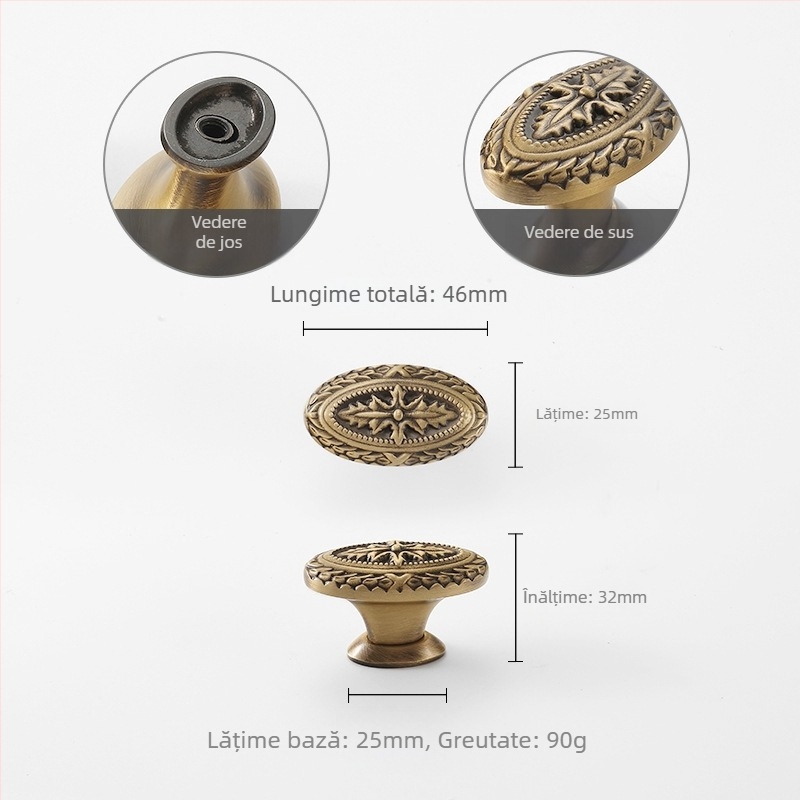 Mâner din alamă pentru garderobă, oval, stil antic, lux american și clasic francez