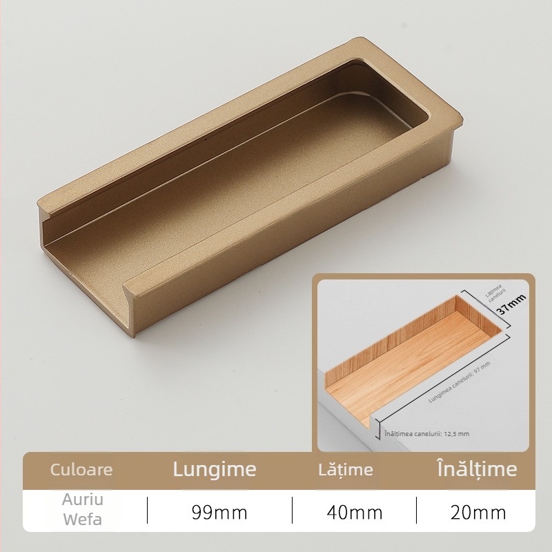 Mâner încasrat în formă de U, pentru uși și sertare ale dulapului, din aliaj de aluminiu, anodizat, stil modern minimalist