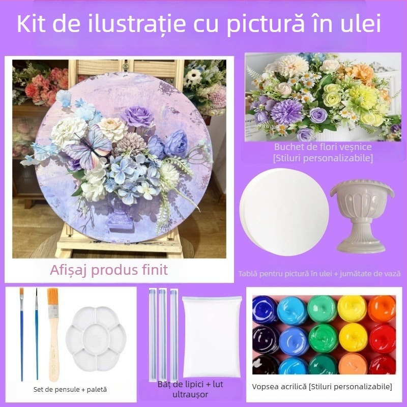 Flori păstrate, vas de perete din ipsos – decor floral vintage pentru pictură în ulei