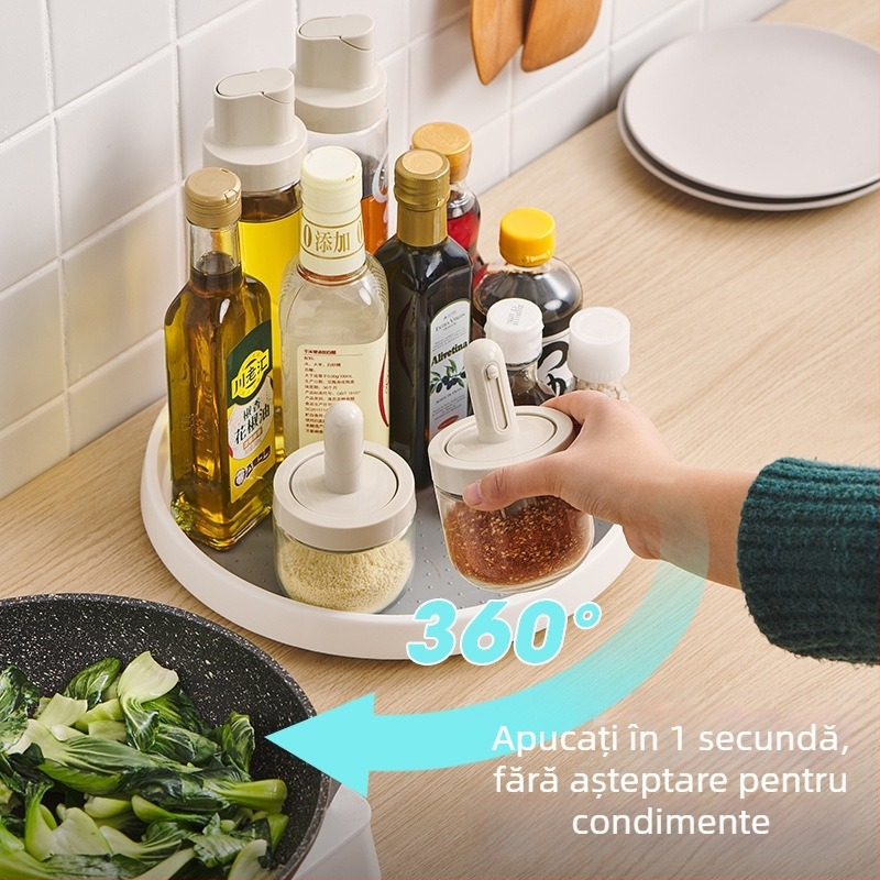 Raft rotativ pentru condimente de bucătărie cu tavă pentru sare, sos de soia și oțet