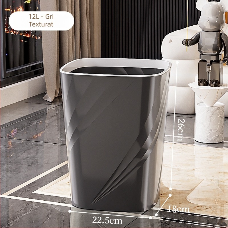 Coș de gunoi din plastic, pătrat, 12 L, mare capacitate, fără capac, pentru sufragerie, baie, bucătărie, dormitor și birou