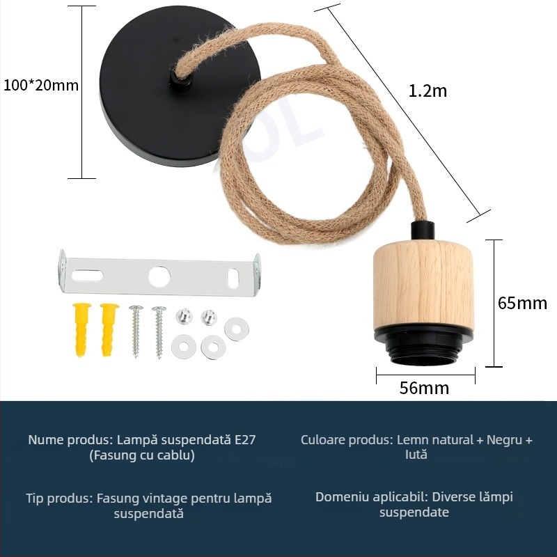 Suport bec E27 pentru veioză vintage din lemn, suspensie cu cablu reglabil, accesorii DIY pentru abajur