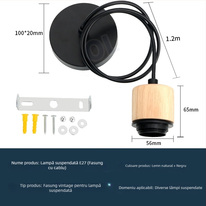 Suport bec E27 pentru veioză vintage din lemn, suspensie cu cablu reglabil, accesorii DIY pentru abajur