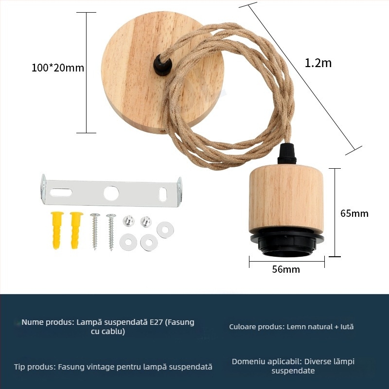 Suport bec E27 pentru veioză vintage din lemn, suspensie cu cablu reglabil, accesorii DIY pentru abajur