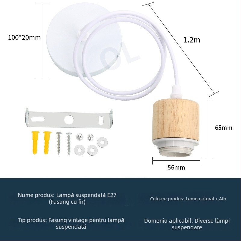 Suport bec E27 pentru veioză vintage din lemn, suspensie cu cablu reglabil, accesorii DIY pentru abajur
