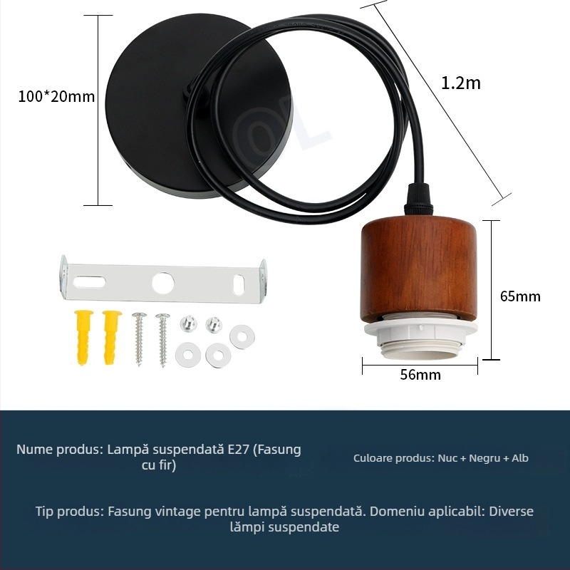 Suport bec E27 pentru veioză vintage din lemn, suspensie cu cablu reglabil, accesorii DIY pentru abajur