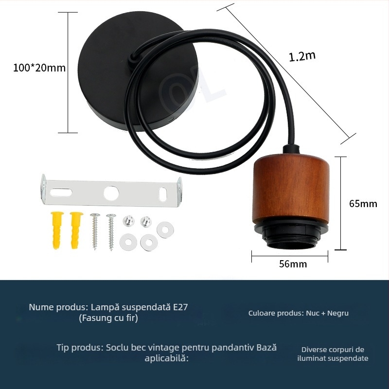 Suport bec E27 pentru veioză vintage din lemn, suspensie cu cablu reglabil, accesorii DIY pentru abajur