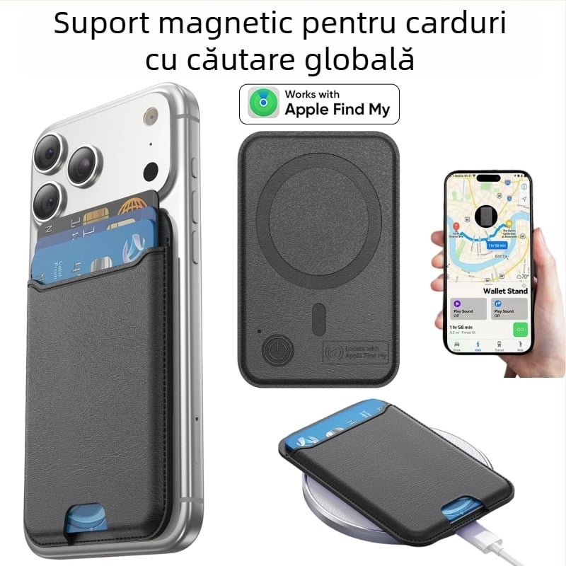 Holder din piele pentru carduri, încărcare wireless, protecție anti-pierdere și localizare, compatibil cu suportul magnetic Apple pentru carduri